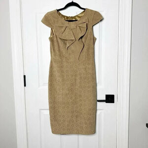 EVA FRANCO Size 4 Taupe‎ Faux Suede Sheath Dress Perforated Floral Print